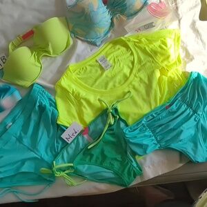 Victoria's Secret Neon Yellow Green Turquoise Swimwear Set Separates Small Med